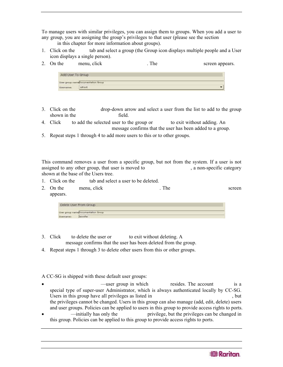 Add user to group, Delete user from group, Default user groups | Figure 123 add user to group screen, Figure 124 delete user from group screen | Raritan Engineering Command Center CC-SG User Manual | Page 115 / 270