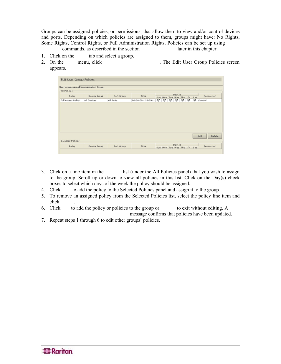 Apply (edit) user group policies, Figure 127 edit user group policies screen | Raritan Engineering Command Center CC-SG User Manual | Page 118 / 270