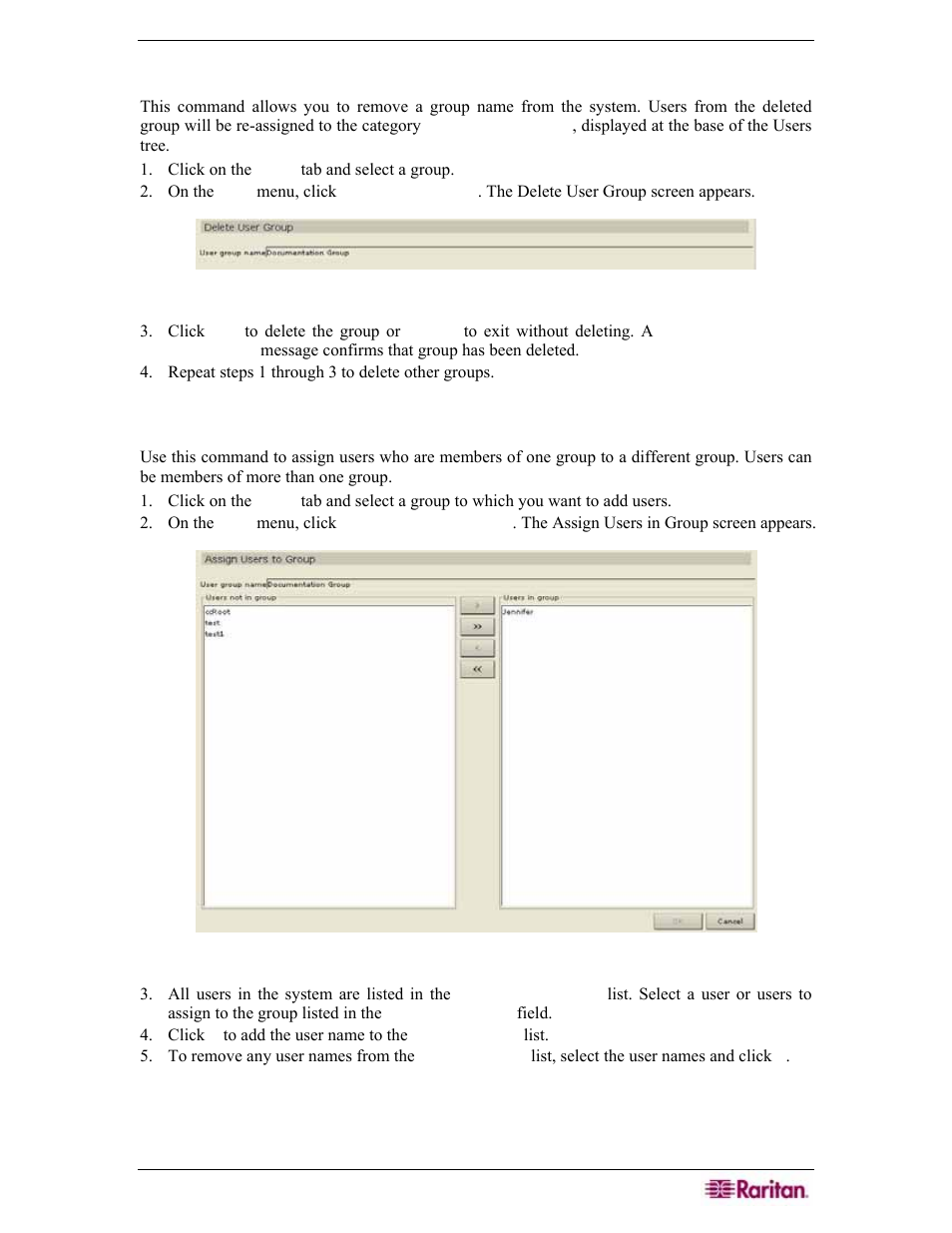 Delete user group, Assign users to group, Figure 128 group delete user group screen | Figure 129 assign users in group screen | Raritan Engineering Command Center CC-SG User Manual | Page 119 / 270