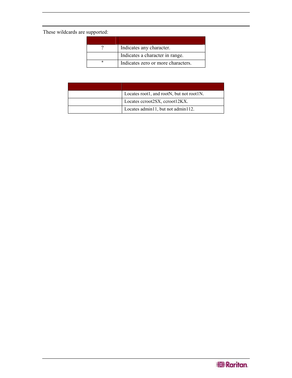 Supported wildcards | Raritan Engineering Command Center CC-SG User Manual | Page 121 / 270