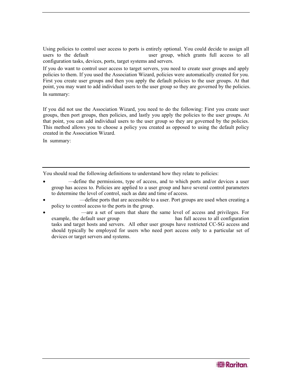 Chapter 8: creating policies, Controlling user access with policies, Policy terminology | Raritan Engineering Command Center CC-SG User Manual | Page 123 / 270