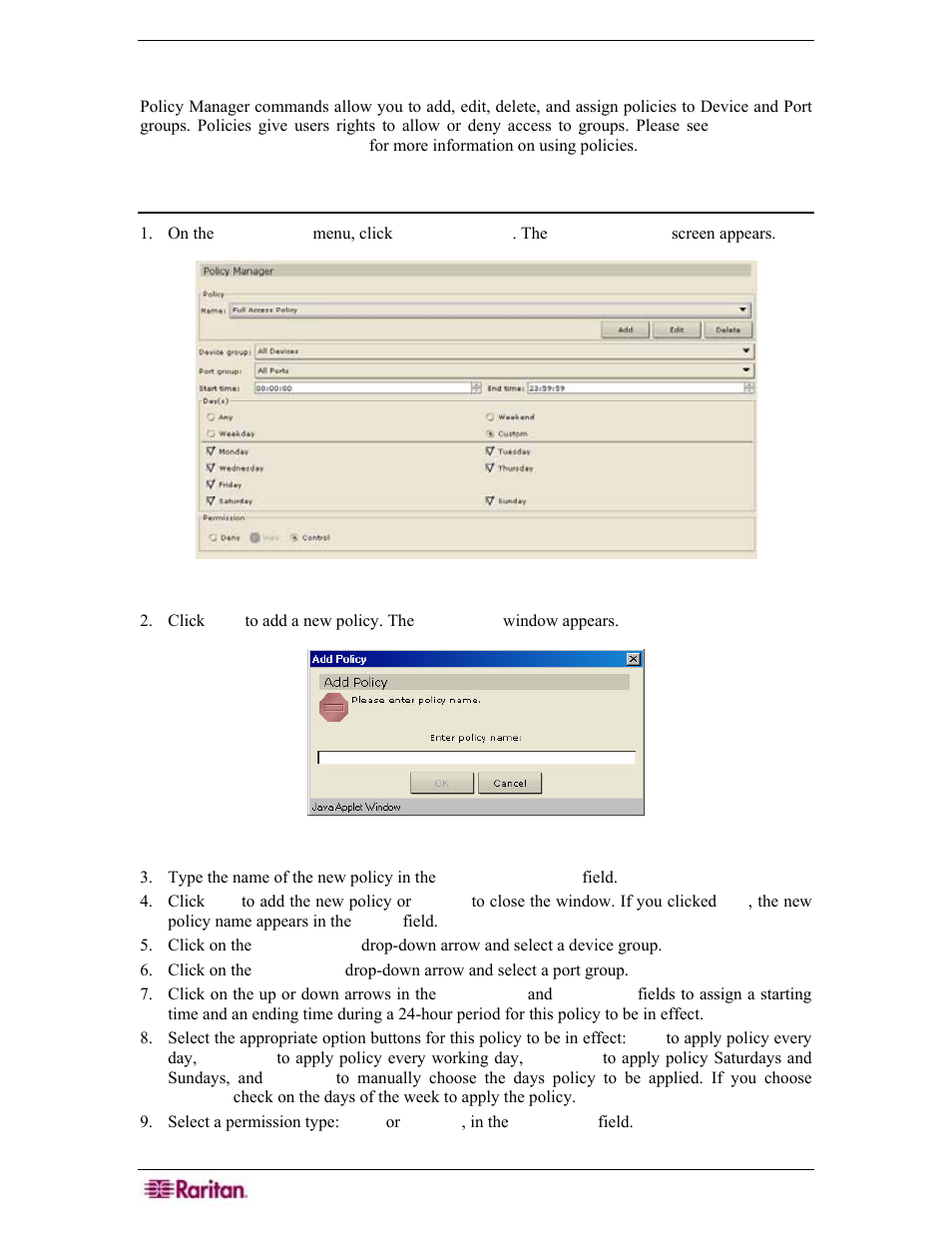 Policy manager, Add policy, Figure 132 policy manager screen | Figure 133 add appliance policy window | Raritan Engineering Command Center CC-SG User Manual | Page 126 / 270