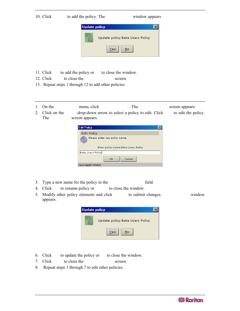 Edit policy, Figure 134 update policy window, Figure 135 edit appliance policy window | Figure 136 update policy window | Raritan Engineering Command Center CC-SG User Manual | Page 127 / 270