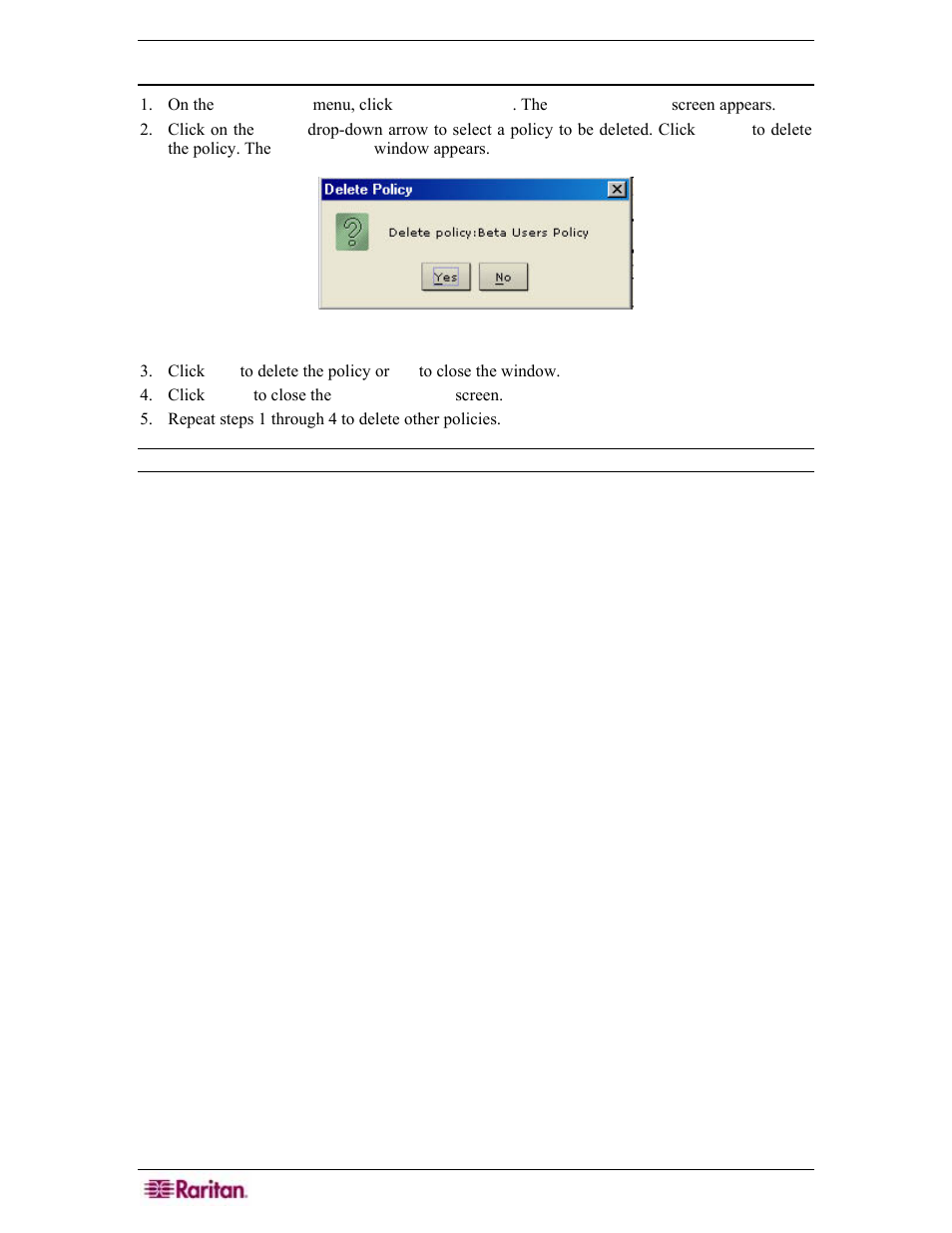 Delete policy, Figure 137 delete appliance policy window | Raritan Engineering Command Center CC-SG User Manual | Page 128 / 270