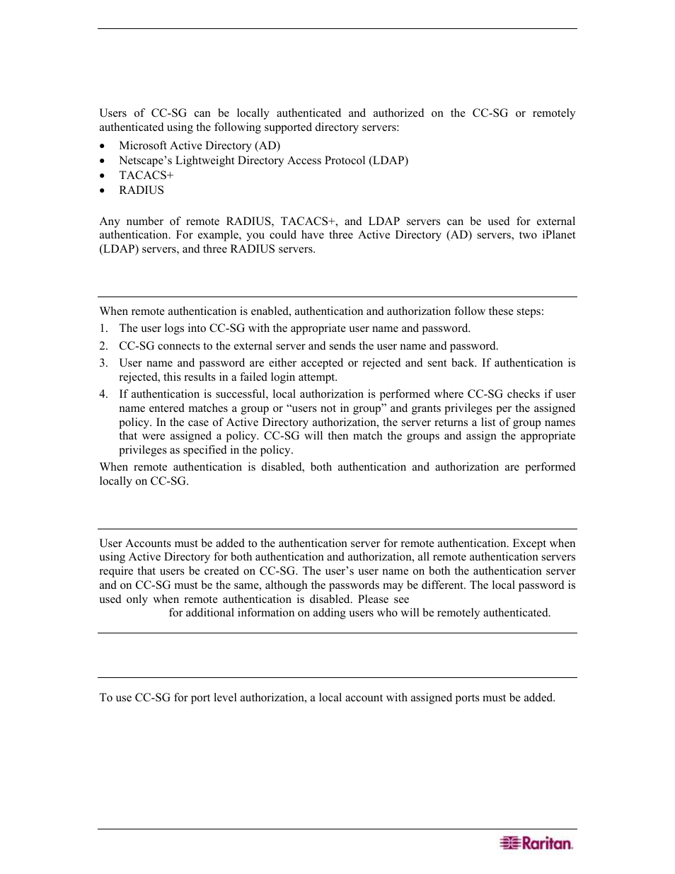 Chapter 9: configuring remote authentication, Authentication and authorization, Flow for authentication | User accounts | Raritan Engineering Command Center CC-SG User Manual | Page 129 / 270