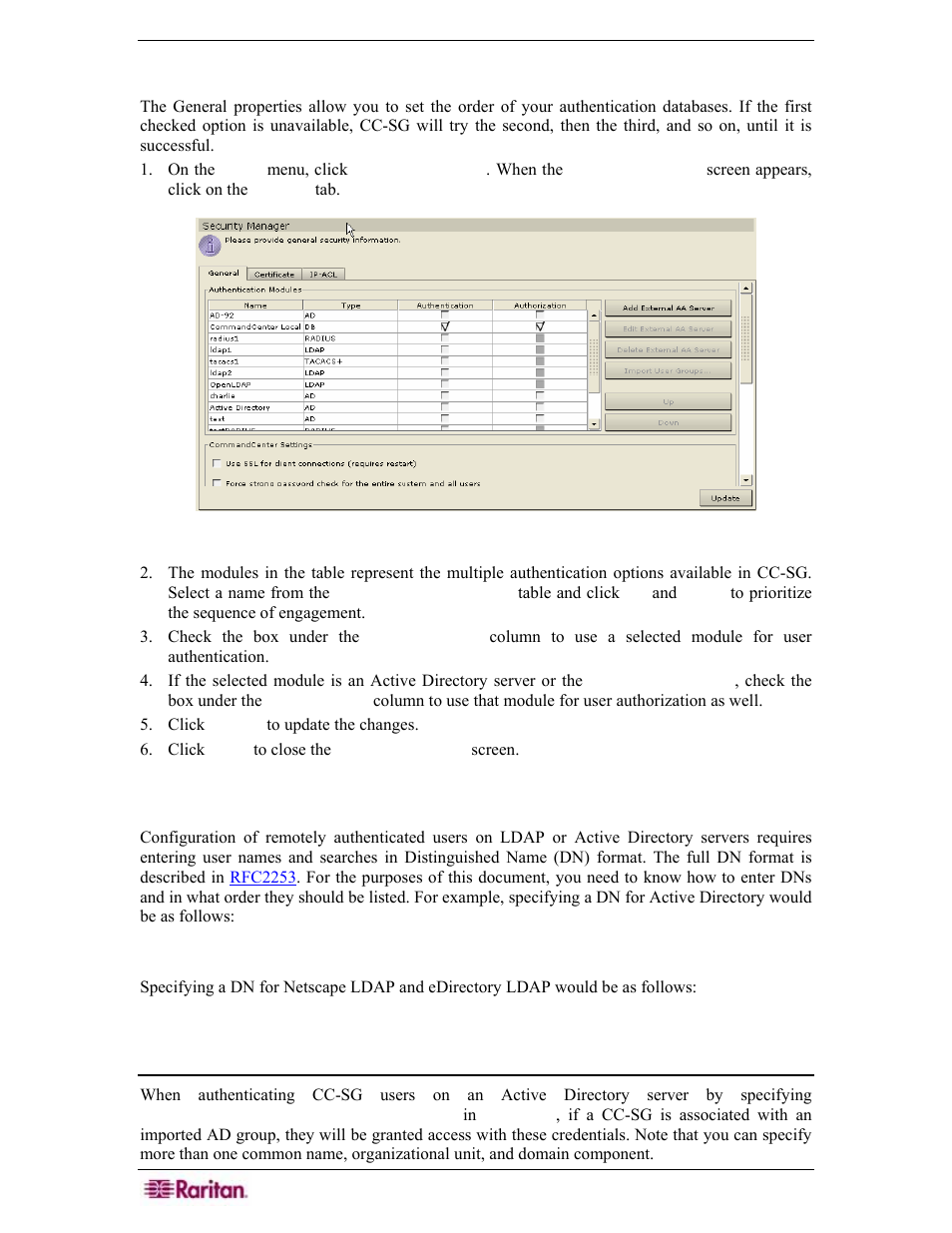 Establish order of authentication databases, Distinguished names for ldap and active directory, Username | Figure 138 security manager general screen | Raritan Engineering Command Center CC-SG User Manual | Page 130 / 270