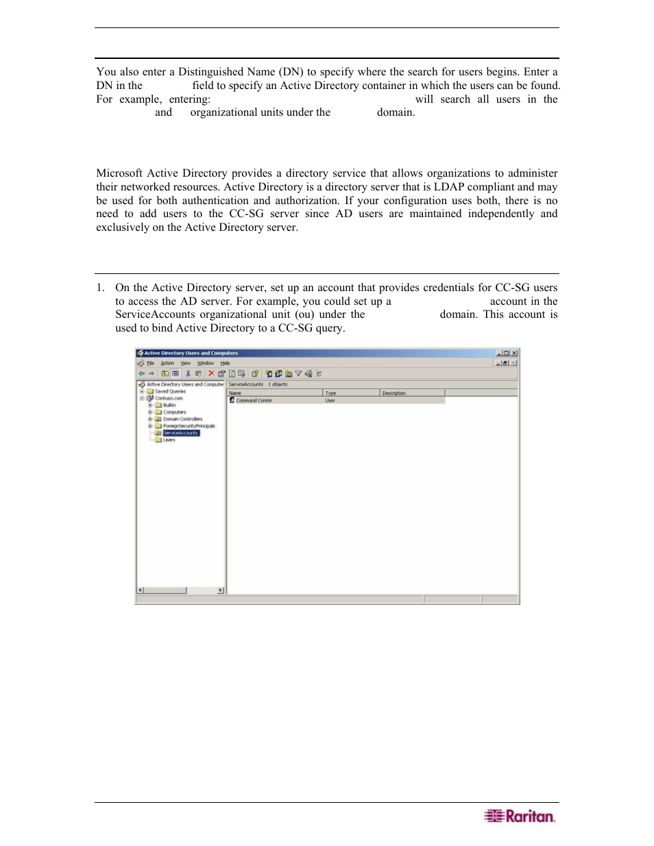 Base dn, Active directory (ad), Setup on ad server | Figure 139 active directory account | Raritan Engineering Command Center CC-SG User Manual | Page 131 / 270