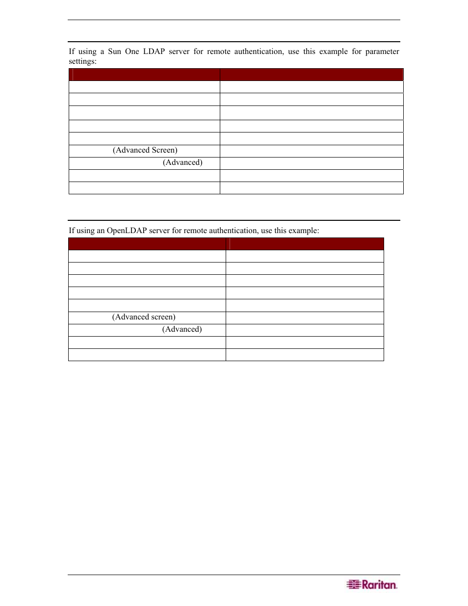 Sun one ldap (iplanet) configuration settings, Openldap (edirectory) configuration settings | Raritan Engineering Command Center CC-SG User Manual | Page 143 / 270