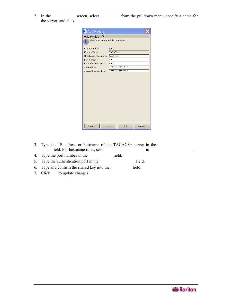 Figure 154 specifying a tacacs+ server | Raritan Engineering Command Center CC-SG User Manual | Page 145 / 270
