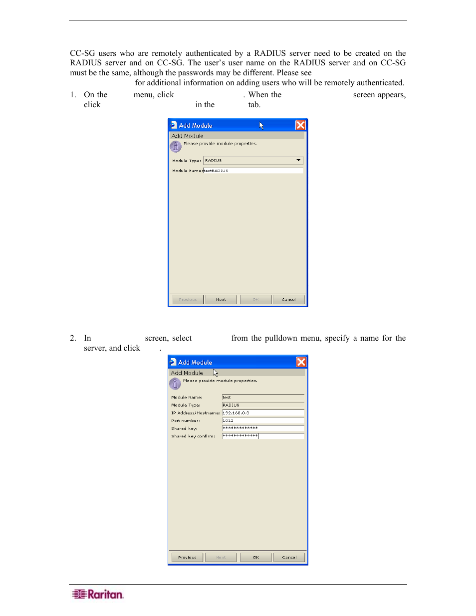 Radius, Figure 155 security manager add module screen, Figure 156 specifying a radius server | Raritan Engineering Command Center CC-SG User Manual | Page 146 / 270