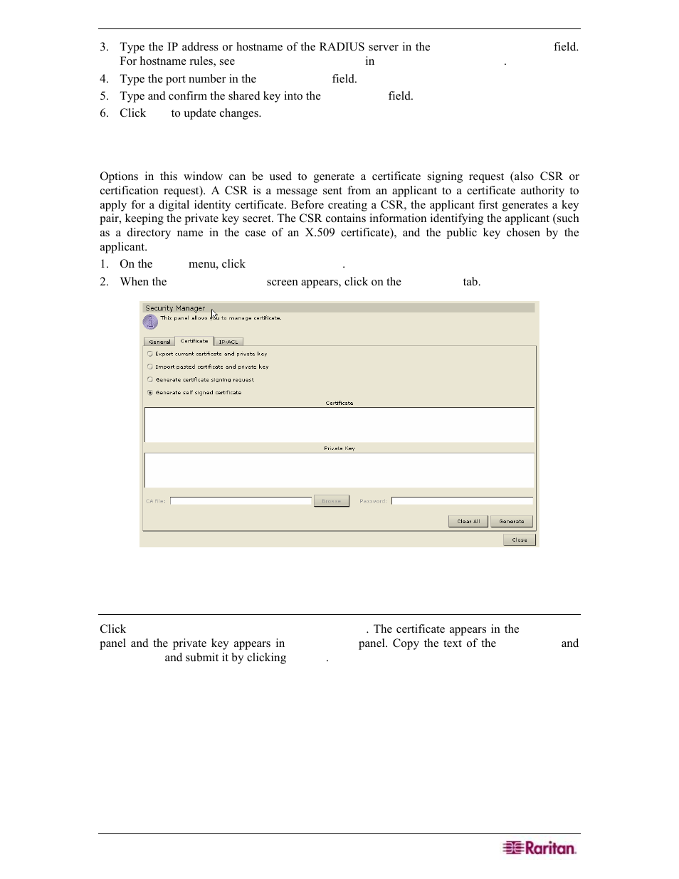 Certificate, Export current certificate and private key, Figure 157 security manager certificate screen | Raritan Engineering Command Center CC-SG User Manual | Page 147 / 270