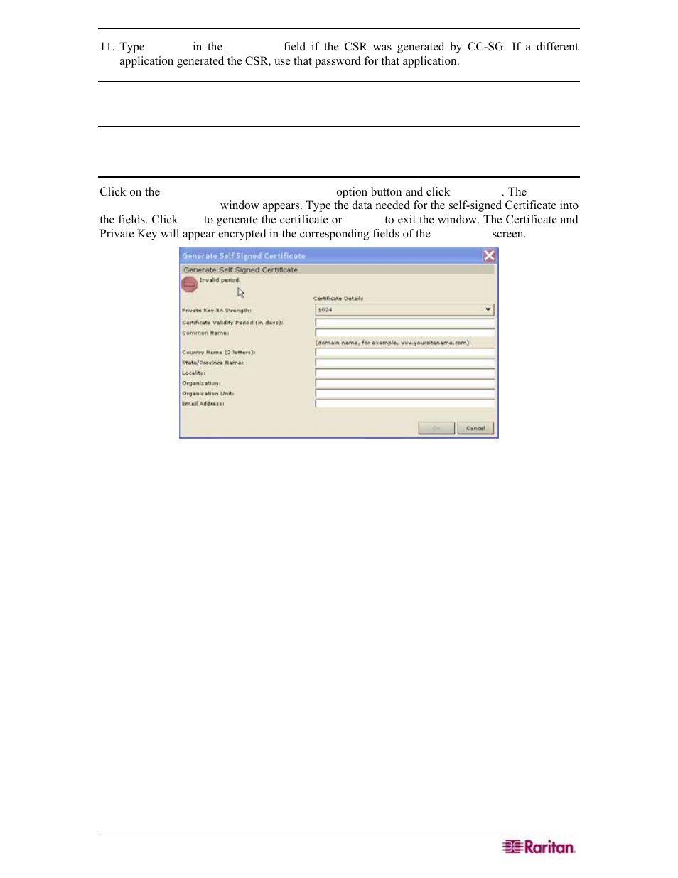 Generate self signed certificate request, Figure 160 generate self signed certificate window | Raritan Engineering Command Center CC-SG User Manual | Page 149 / 270
