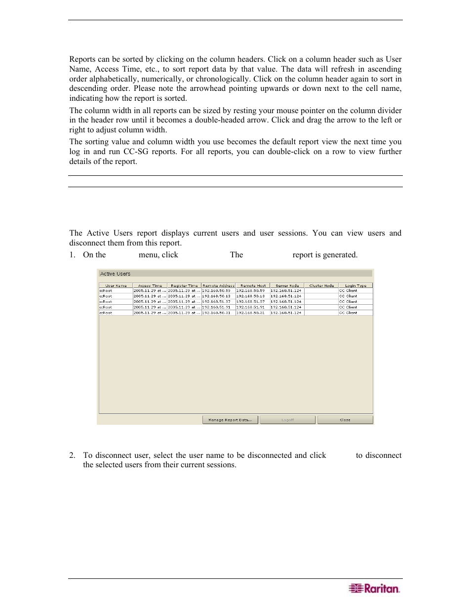 Chapter 10: generating reports, Active users report, Figure 162 active users report | Raritan Engineering Command Center CC-SG User Manual | Page 151 / 270