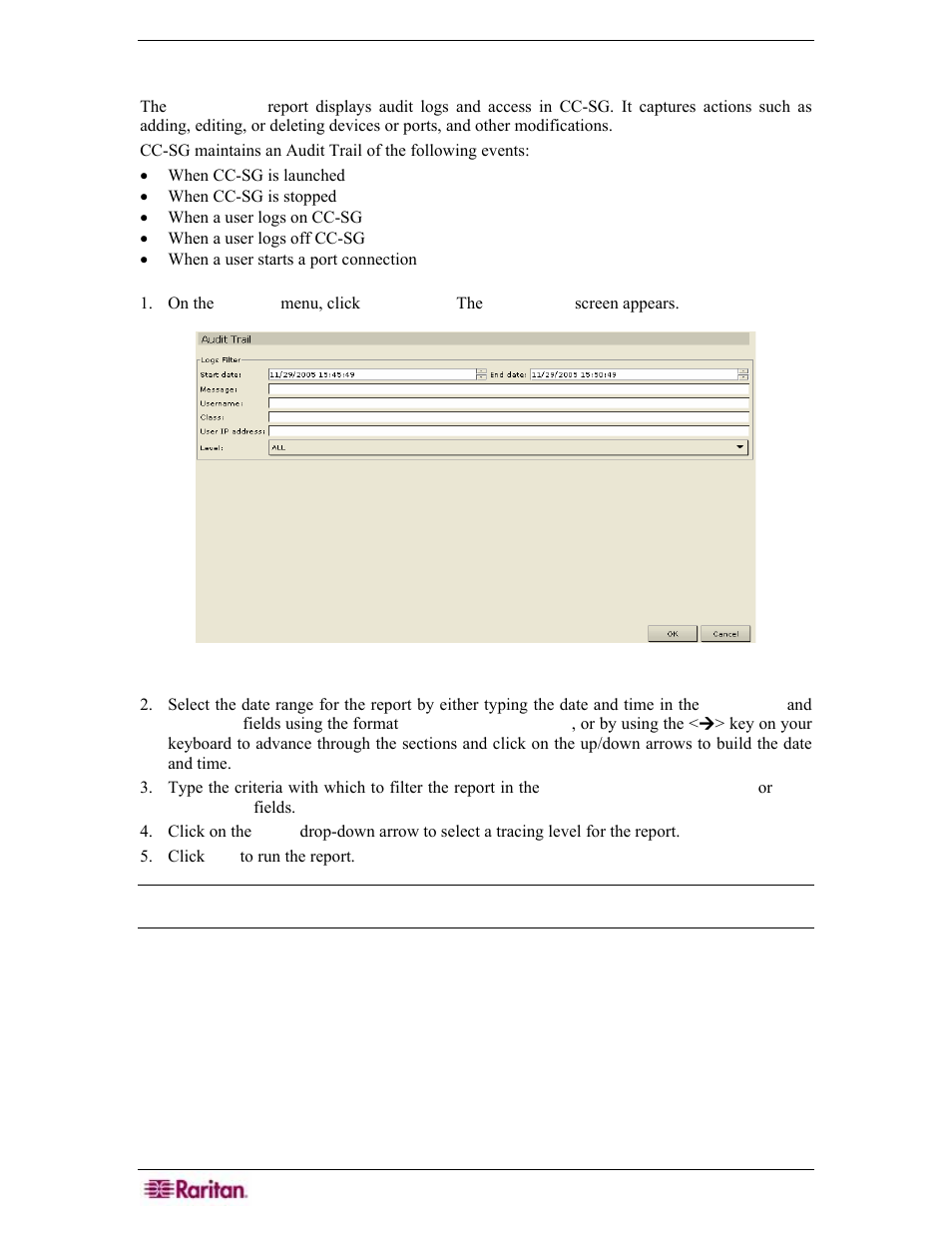 Audit trail report, Figure 166 audit trail screen | Raritan Engineering Command Center CC-SG User Manual | Page 154 / 270