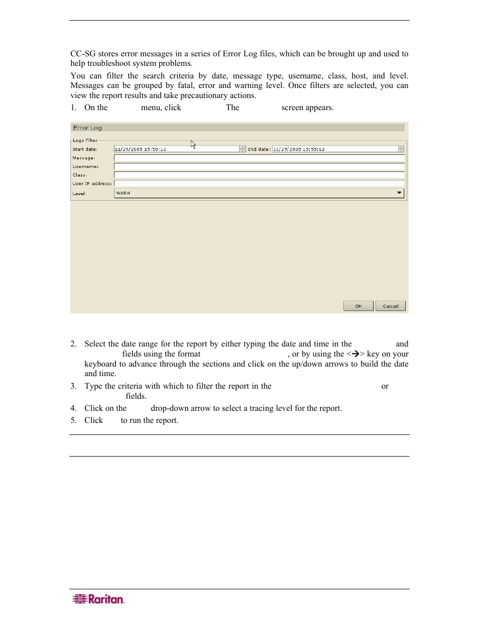 Error log report, Figure 168 error log screen | Raritan Engineering Command Center CC-SG User Manual | Page 156 / 270