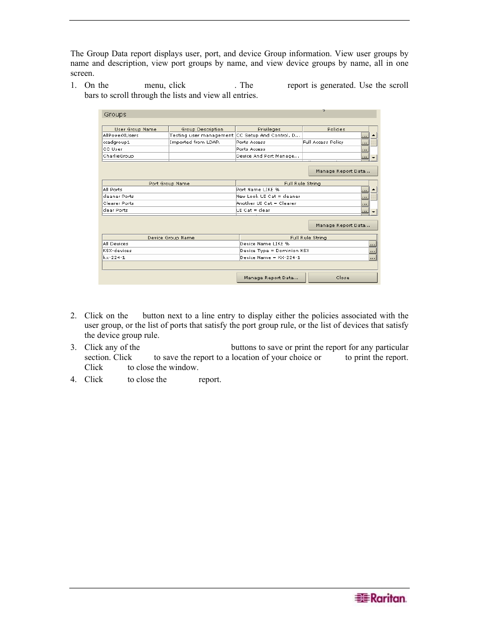 Group data report, Figure 173 groups report | Raritan Engineering Command Center CC-SG User Manual | Page 161 / 270