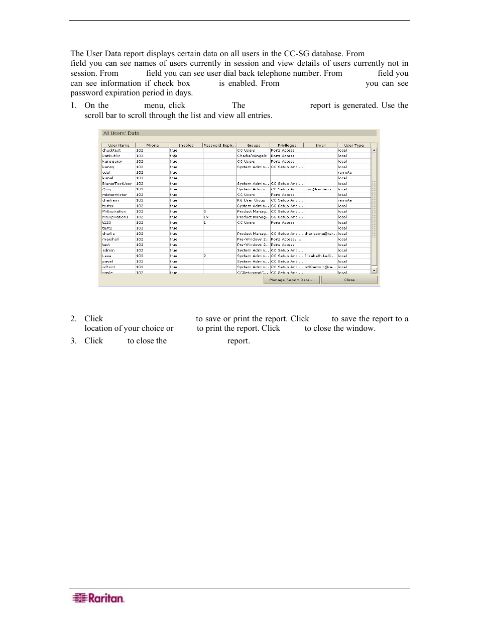 User data report, Figure 174 all users’ data report | Raritan Engineering Command Center CC-SG User Manual | Page 162 / 270