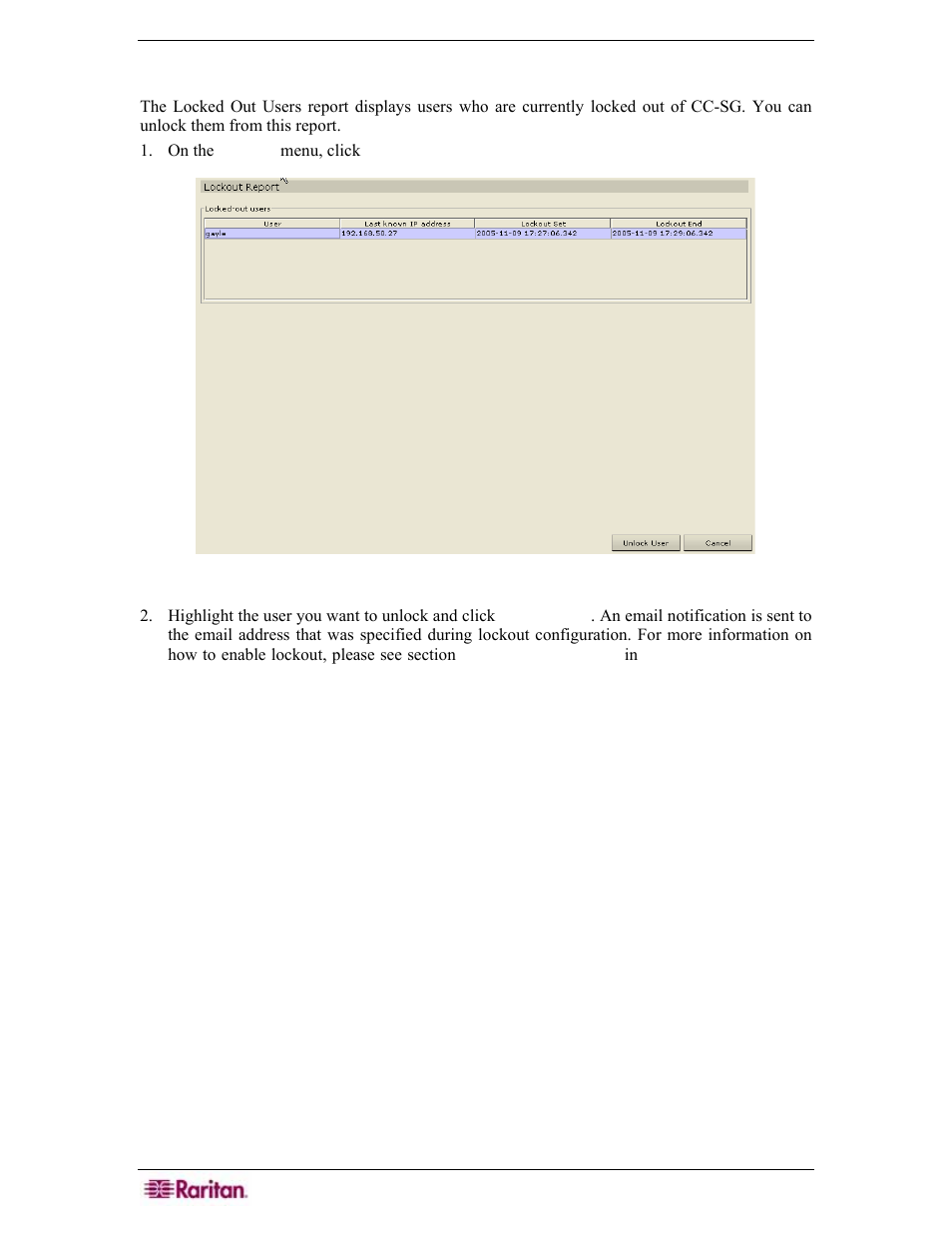 Locked out users report, Figure 178 locked out users report | Raritan Engineering Command Center CC-SG User Manual | Page 166 / 270
