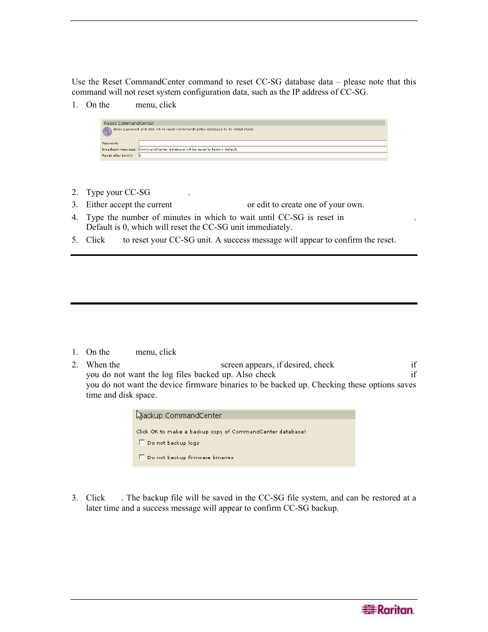 Chapter 11: system maintenance, Reset cc-sg, Backup cc-sg | Figure 180 reset cc-sg screen, Figure 181 backup cc-sg screen | Raritan Engineering Command Center CC-SG User Manual | Page 169 / 270