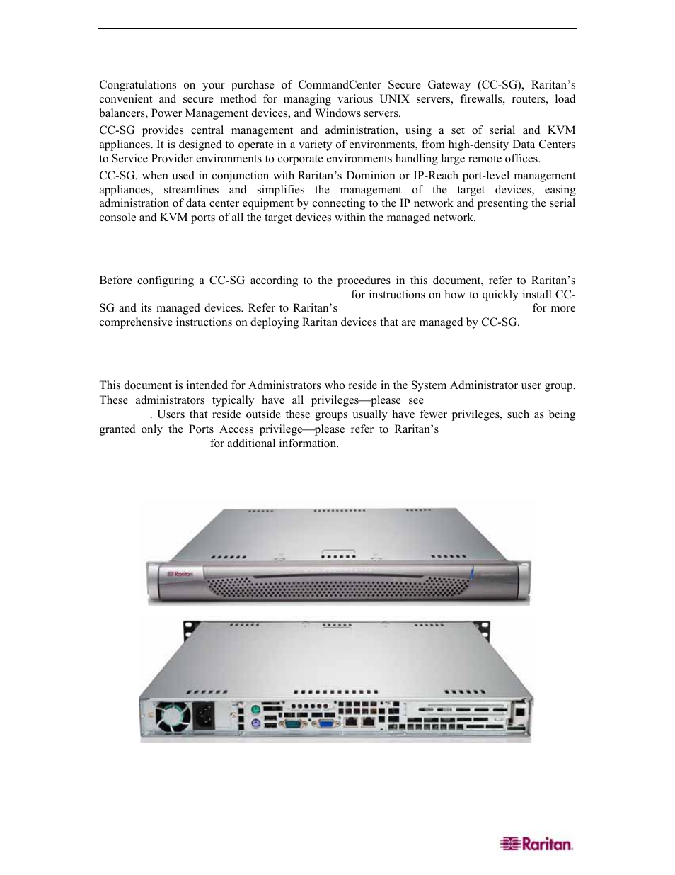 Chapter 1: introduction, Prerequisites, Intended audience | Product photos, Figure 1 cc-sg front view, Figure 2 cc-sg - rear panel | Raritan Engineering Command Center CC-SG User Manual | Page 17 / 270