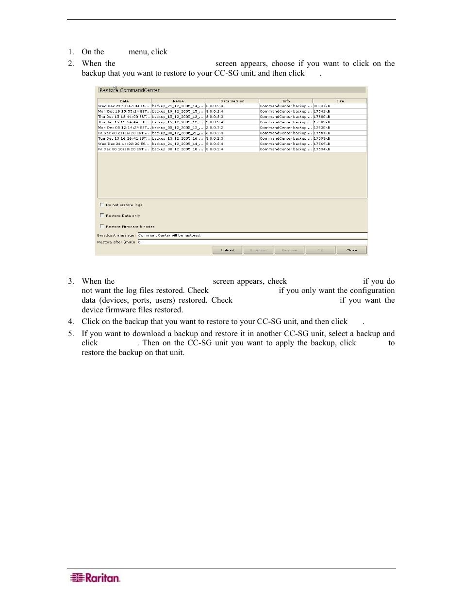 Restore cc-sg, Figure 182 restore cc-sg screen | Raritan Engineering Command Center CC-SG User Manual | Page 170 / 270