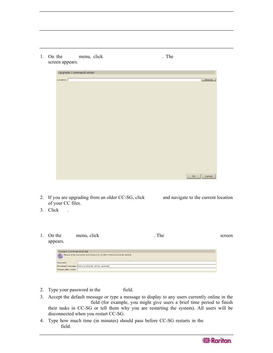 Upgrade cc-sg, Restart cc-sg, Figure 185 upgrade cc-sg screen | Figure 186 restart screen | Raritan Engineering Command Center CC-SG User Manual | Page 173 / 270