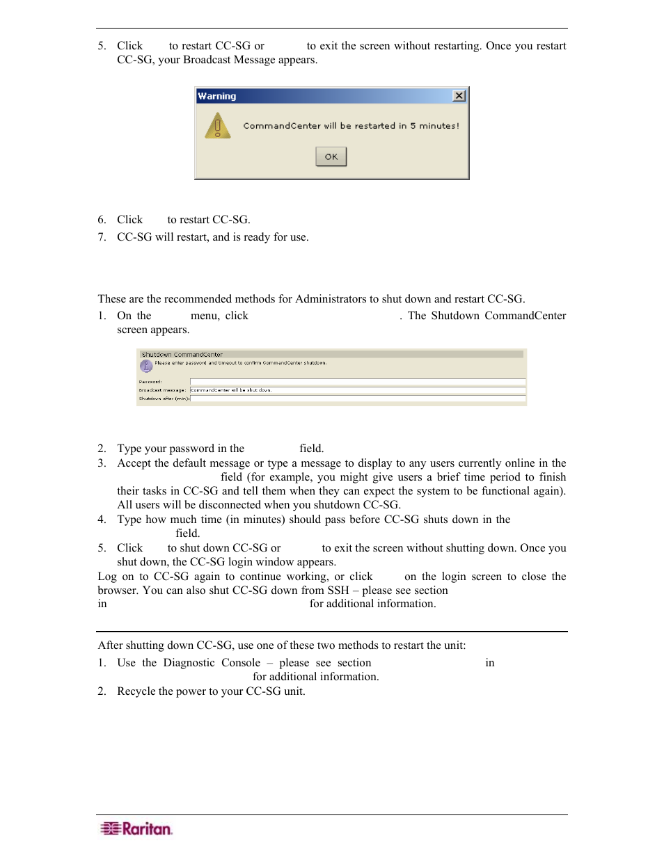 Shut down cc-sg, Restart cc-sg after shutdown, Figure 187 info window | Figure 188 shutdown cc-sg screen | Raritan Engineering Command Center CC-SG User Manual | Page 174 / 270