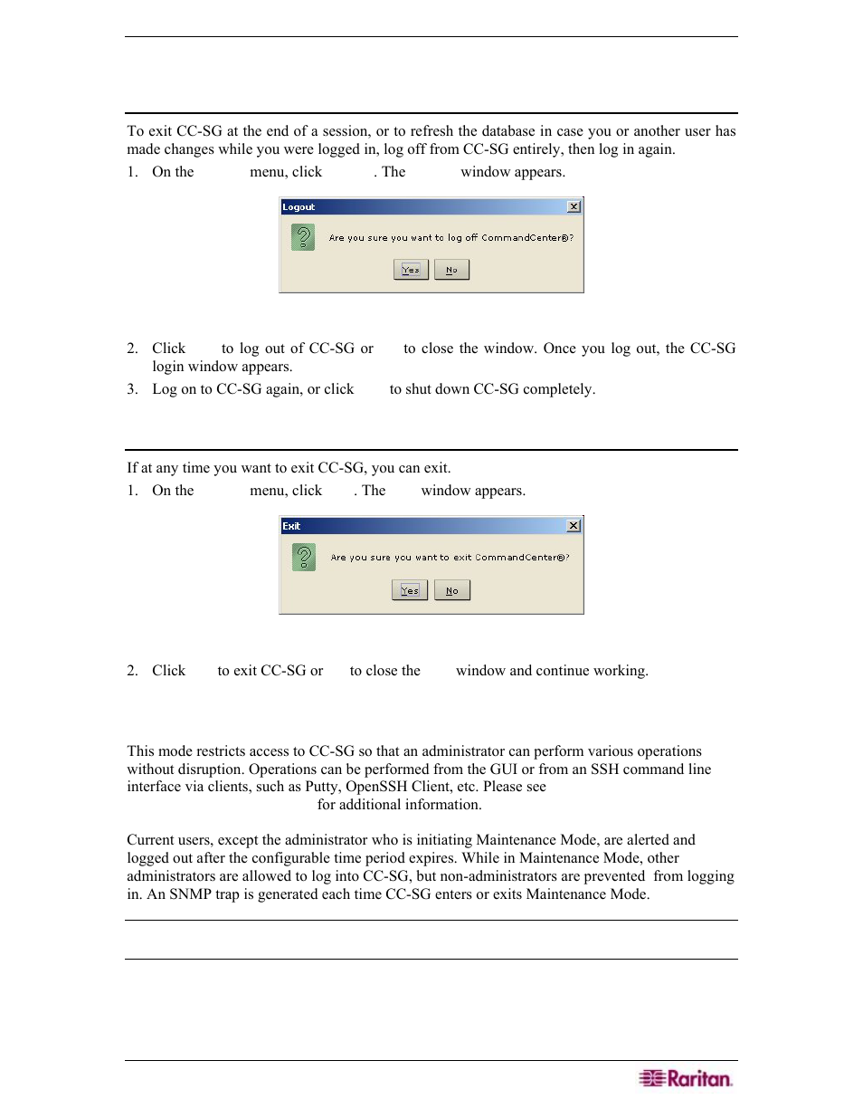 End cc-sg session, Log out, Exit cc-sg | Maintenance mode, Figure 189 logout window, Figure 190 exit window | Raritan Engineering Command Center CC-SG User Manual | Page 175 / 270