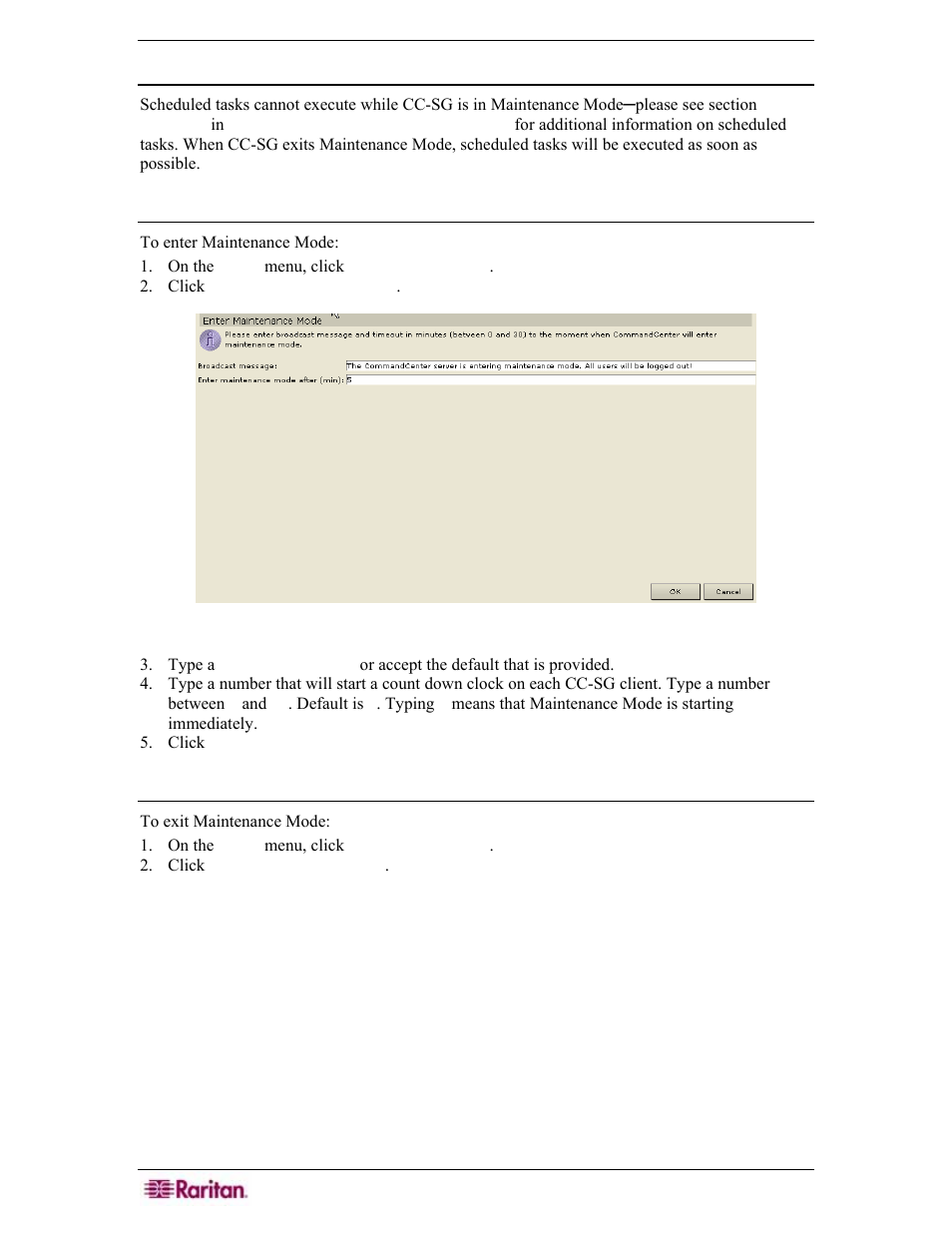 Scheduled tasks, Entering maintenance mode, Exiting maintenance mode | Figure 191 enter maintenance mode | Raritan Engineering Command Center CC-SG User Manual | Page 176 / 270
