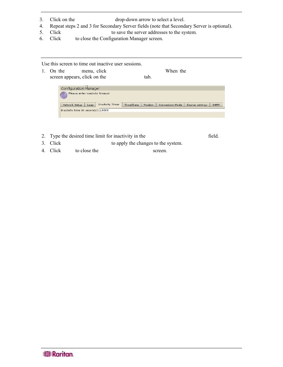Inactivity timer configuration | Raritan Engineering Command Center CC-SG User Manual | Page 180 / 270