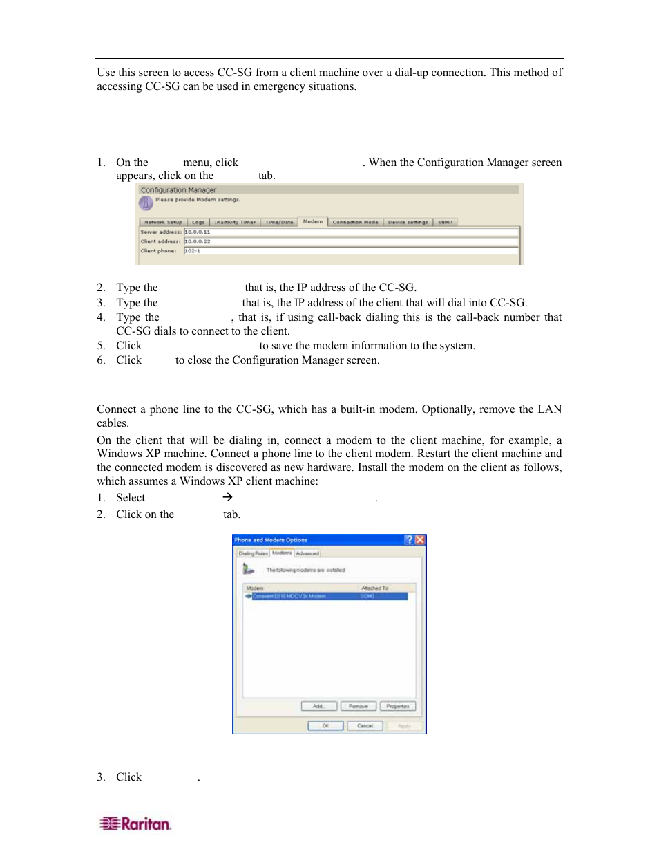 Modem configuration, Configure cc-sg, Configure the modem on client pc | Figure 198 configuration manager modem screen, Figure 199 modems tab | Raritan Engineering Command Center CC-SG User Manual | Page 182 / 270