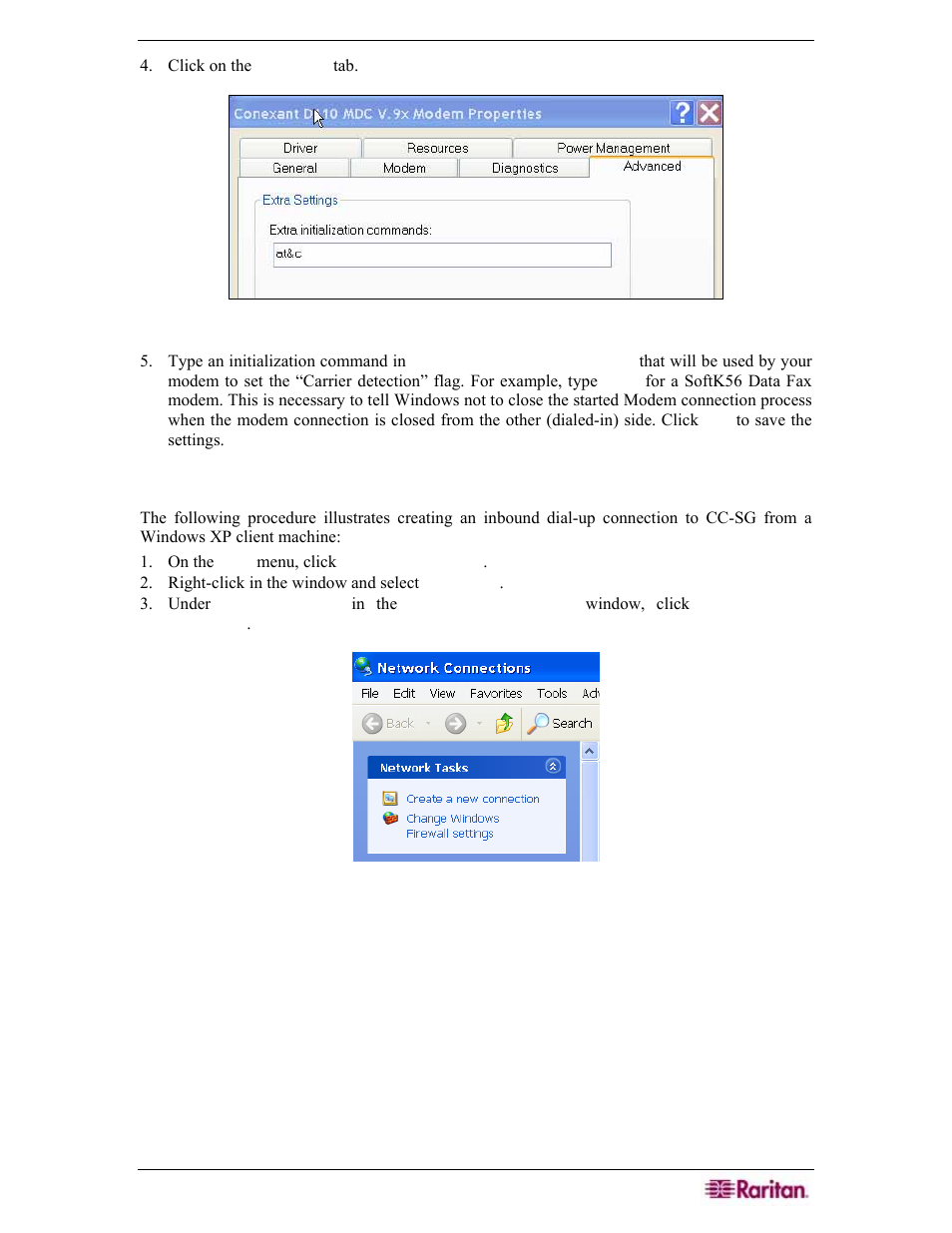 Configure the dial-up connection, Figure 200 extra initialization commands, Figure 201 create a new connection | Raritan Engineering Command Center CC-SG User Manual | Page 183 / 270