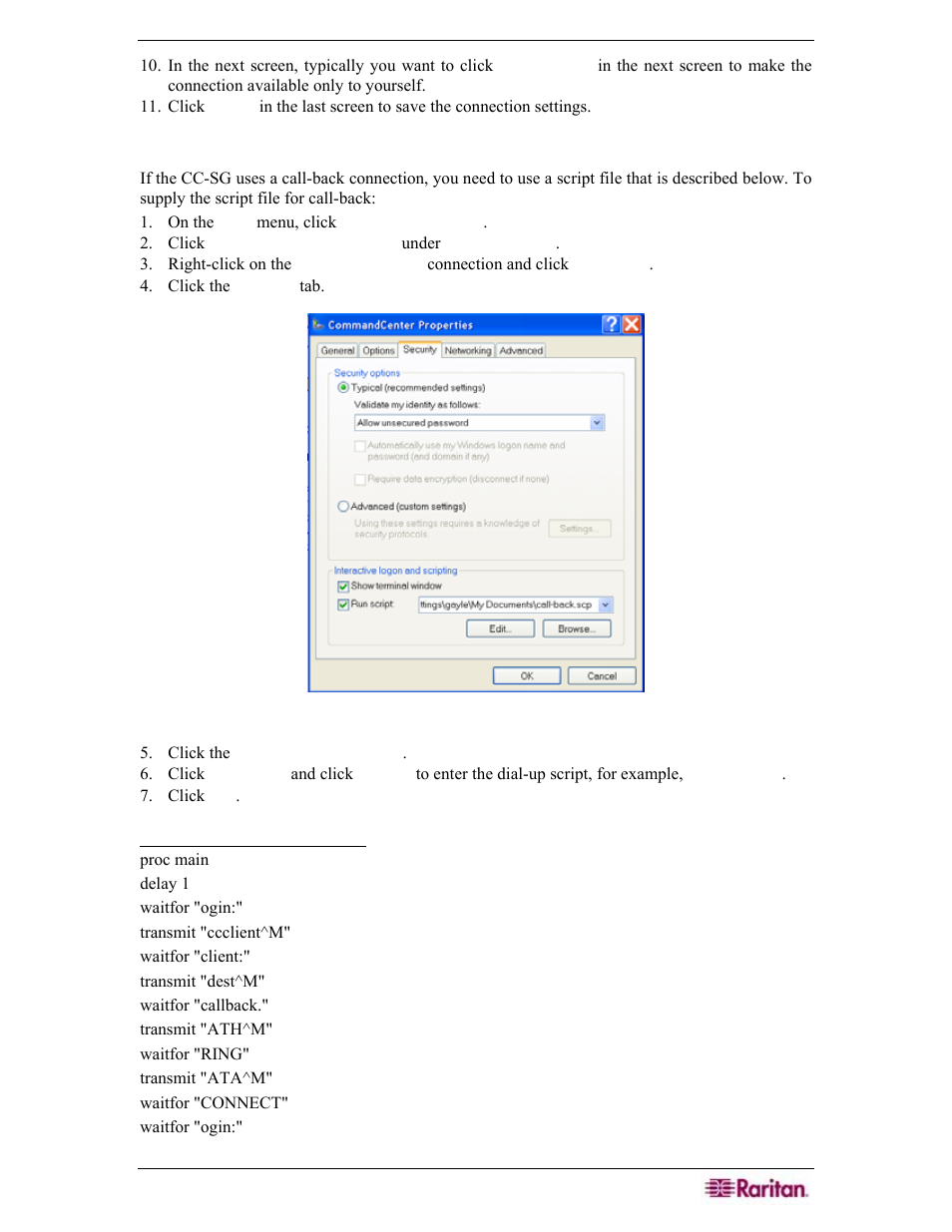 Configure the call-back connection, Figure 205 specify dial-up script | Raritan Engineering Command Center CC-SG User Manual | Page 185 / 270