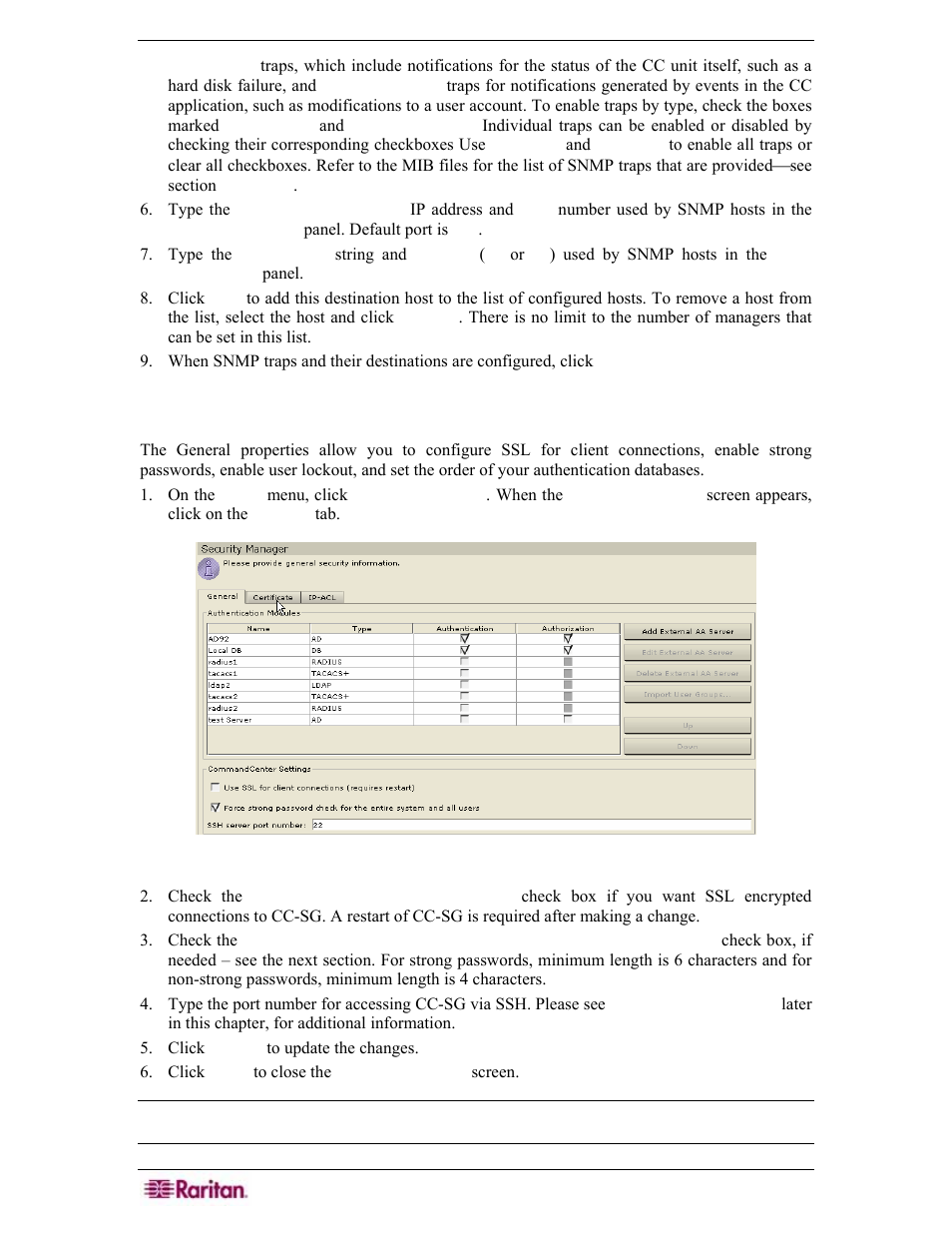 Configure security, Figure 213 security manager general screen, Section configure security | Raritan Engineering Command Center CC-SG User Manual | Page 192 / 270