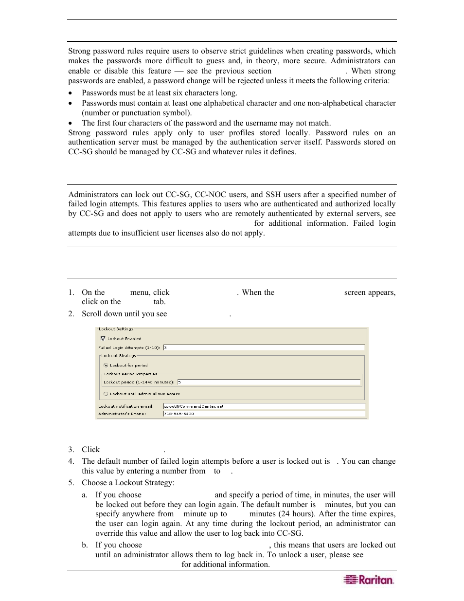 Strong password rules, Enable user lockout, Figure 214 lockout settings | Raritan Engineering Command Center CC-SG User Manual | Page 193 / 270