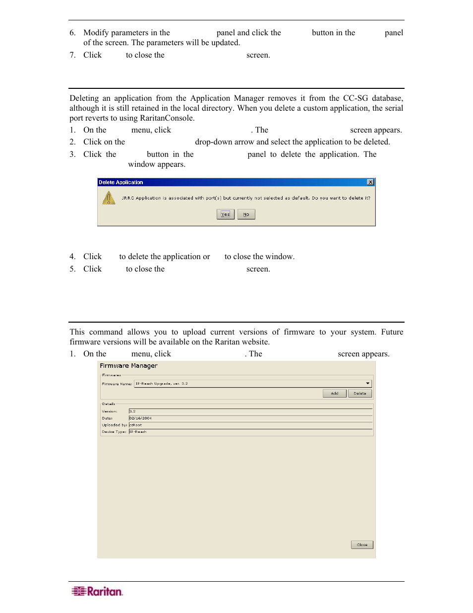 Delete application, Firmware manager, Upload firmware | Figure 220 delete application window, Figure 221 firmware manager screen | Raritan Engineering Command Center CC-SG User Manual | Page 196 / 270