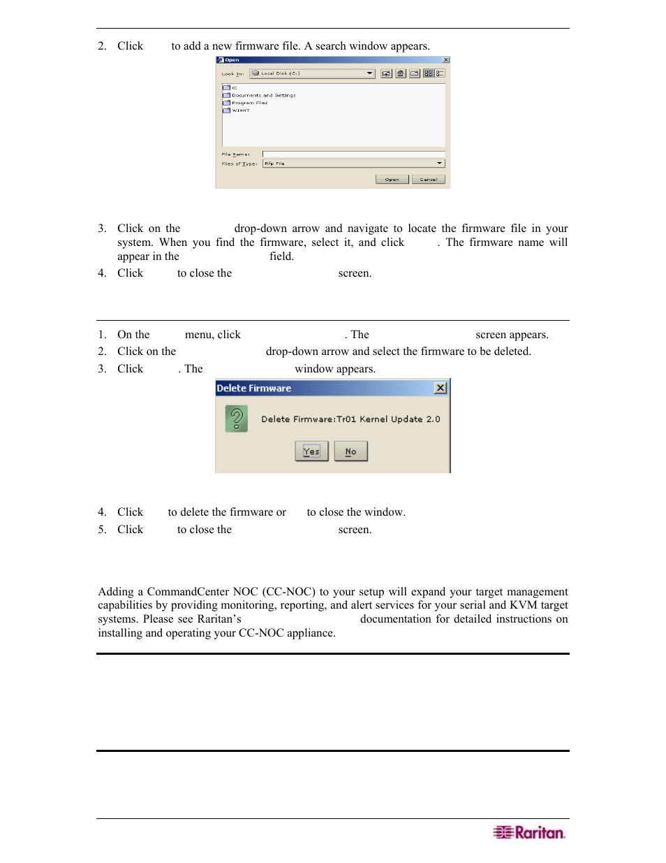 Delete firmware, Commandcenter noc, Figure 222 search window | Figure 223 delete firmware window | Raritan Engineering Command Center CC-SG User Manual | Page 197 / 270