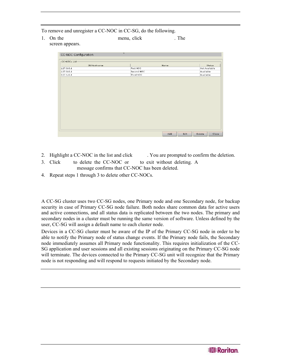 Delete a cc-noc, Cluster configuration, Figure 231 delete cc-noc screen | Raritan Engineering Command Center CC-SG User Manual | Page 203 / 270