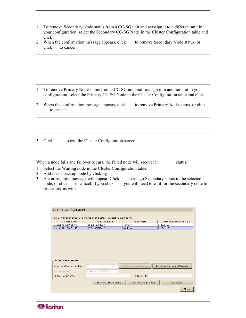 Remove secondary cc-sg node, Remove primary cc-sg node, Recover a failed cc-sg node | Figure 235 recovering a node from waiting status | Raritan Engineering Command Center CC-SG User Manual | Page 206 / 270