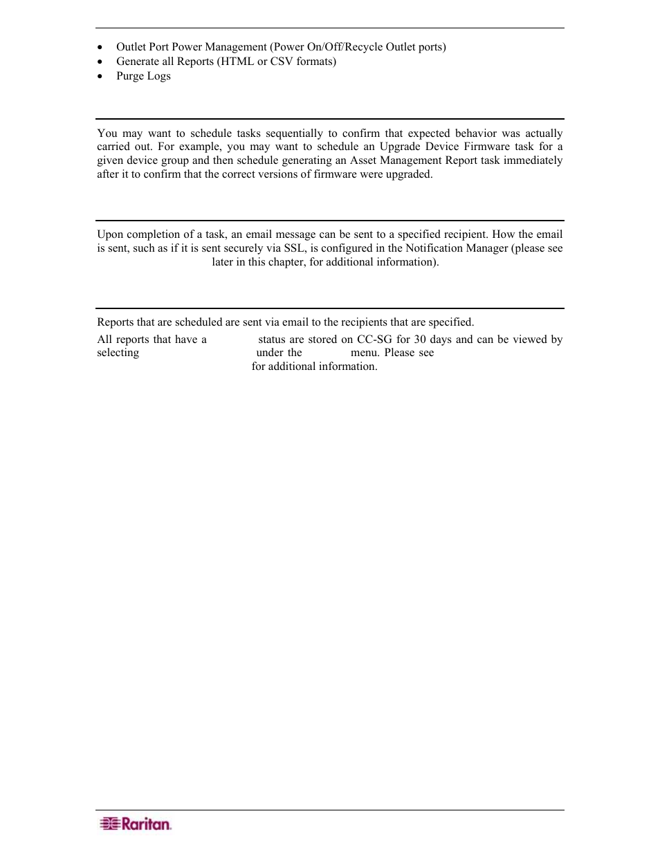 Scheduling sequential tasks, Email notifications, Stored reports | Raritan Engineering Command Center CC-SG User Manual | Page 208 / 270