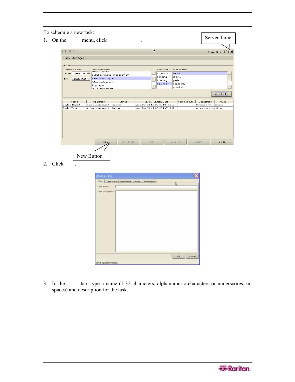 Create a new task, Figure 237 task manager, Figure 238 create task | Raritan Engineering Command Center CC-SG User Manual | Page 209 / 270