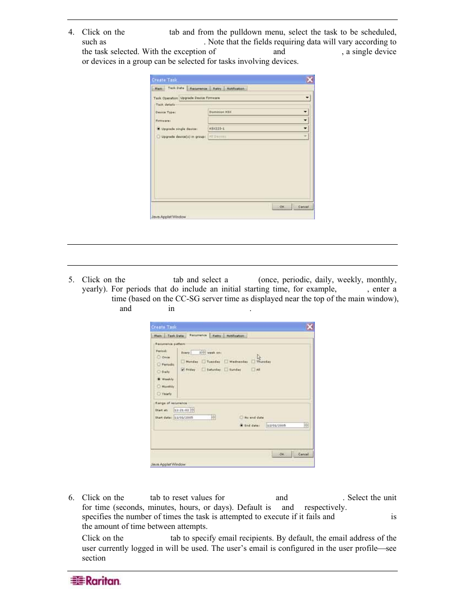 Figure 239 selecting a task to schedule, Figure 240 specifying task recurrence | Raritan Engineering Command Center CC-SG User Manual | Page 210 / 270