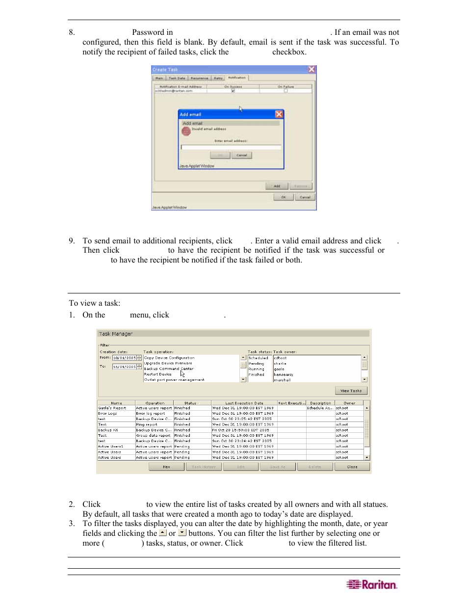 View a task, details of a task, and task history, Figure 241 specifying task email notification, Figure 242 view a task | Raritan Engineering Command Center CC-SG User Manual | Page 211 / 270