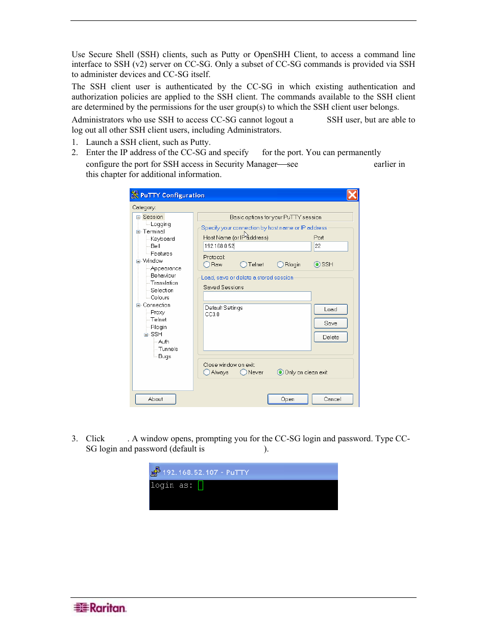 Ssh access to cc-sg, Figure 246 ssh client, Figure 247 login to cc-sg via ssh | Raritan Engineering Command Center CC-SG User Manual | Page 214 / 270