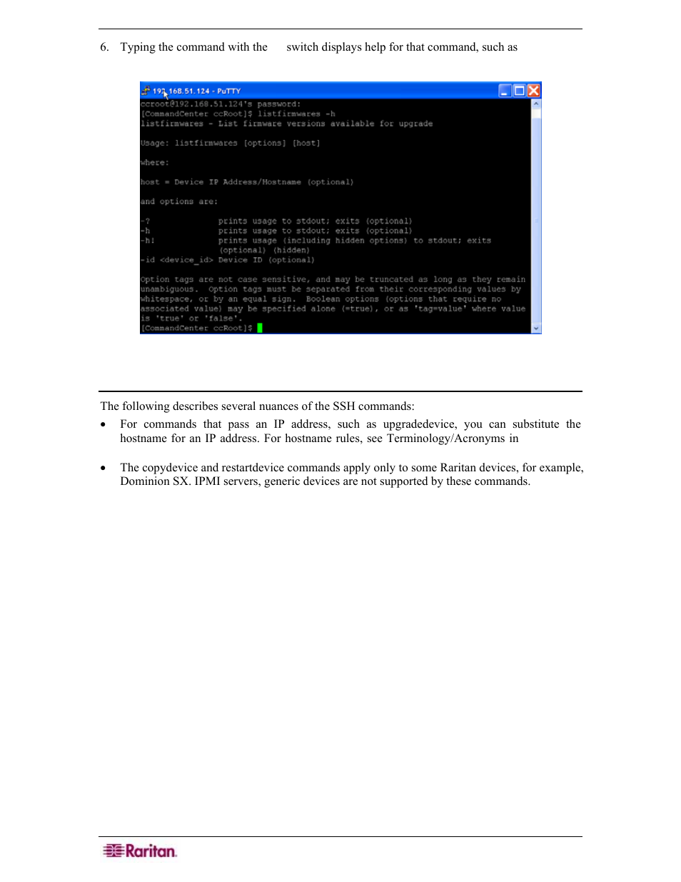 Command tips, Figure 250 ssh listfirmwares help | Raritan Engineering Command Center CC-SG User Manual | Page 216 / 270