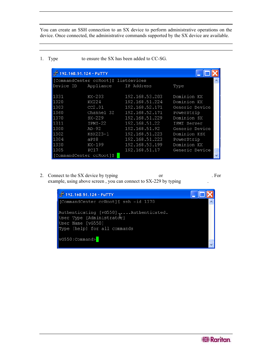 Create a ssh connection to an sx device, Figure 251 listing devices on cc-sg, Figure 252 access sx device via ssh | Raritan Engineering Command Center CC-SG User Manual | Page 217 / 270