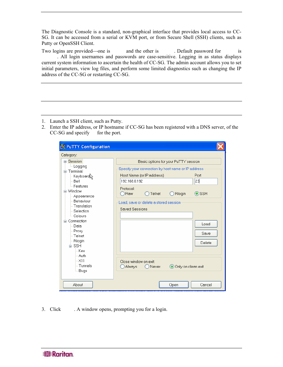Diagnostic console, Accessing diagnostic console via ssh, Figure 255 ssh client | Raritan Engineering Command Center CC-SG User Manual | Page 220 / 270
