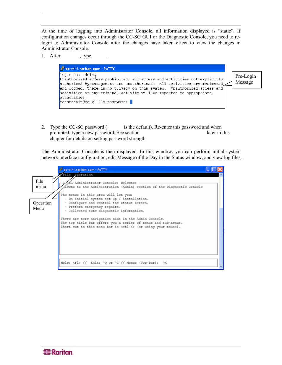 Accessing administrator console, Figure 258 login to administrator console, Figure 259 administrator console | Raritan Engineering Command Center CC-SG User Manual | Page 222 / 270