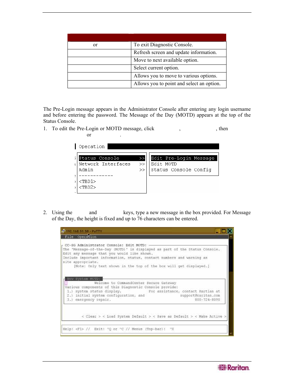 Navigating administrator console, Editing pre-login message/motd (status console), Figure 260 selecting to edit pre-login message | Figure 261 editing motd for status console | Raritan Engineering Command Center CC-SG User Manual | Page 223 / 270