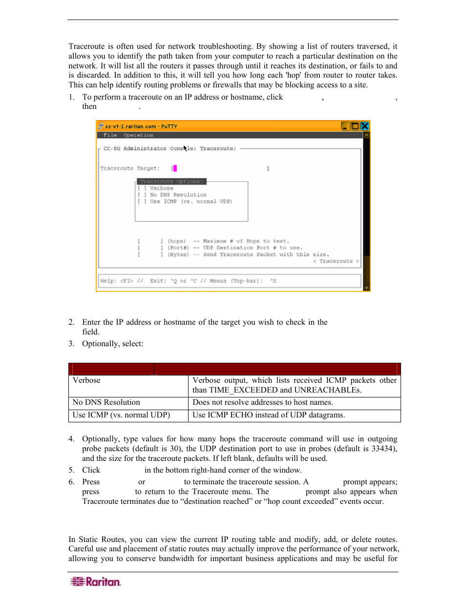 Using traceroute (network interfaces), Editing static routes (network interfaces), Figure 267 performing traceroute on a target | Raritan Engineering Command Center CC-SG User Manual | Page 228 / 270